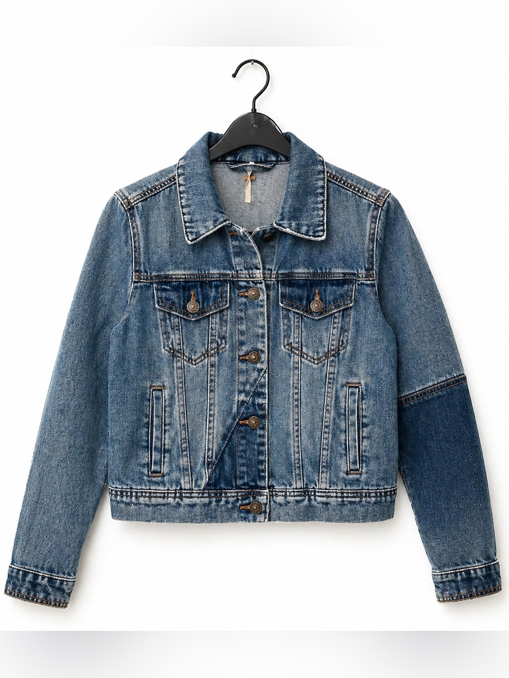 Free People Cropped Denim Jacket Distressed Medium Wash XS